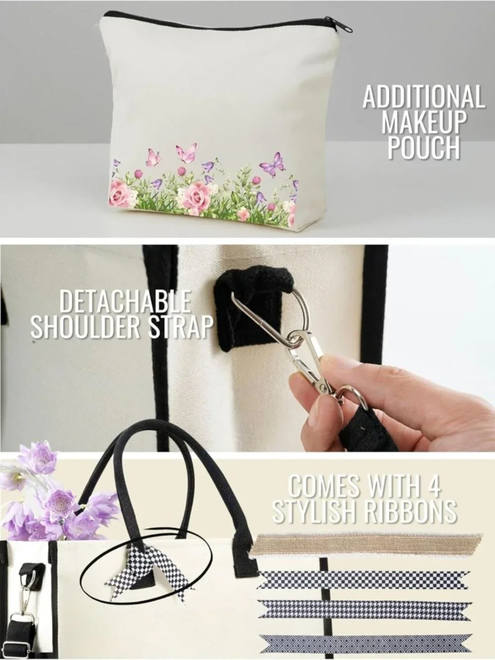 Butterfly Canvas Tote Bag for Women - Zipper Closure, Shoulder Strap, Perfect